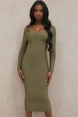 Long Sleeve Sweetheart Neck Bandage Midi Dress - Green