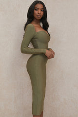 Long Sleeve Sweetheart Neck Bandage Midi Dress - Green