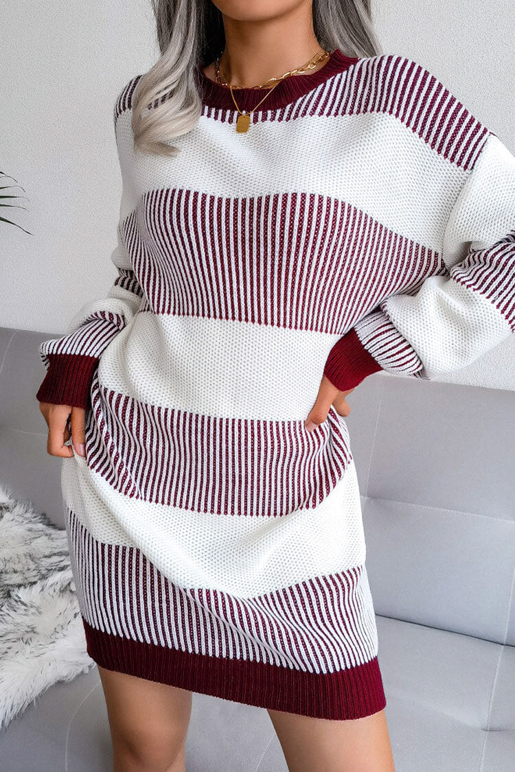 Long Sleeve Textured Striped Knit Winter Sweater Mini Dress - Wine Red