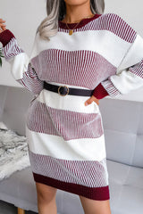 Long Sleeve Textured Striped Knit Winter Sweater Mini Dress - Wine Red