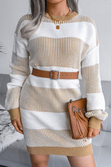 Long Sleeve Textured Striped Knit Winter Sweater Mini Dress - Khaki