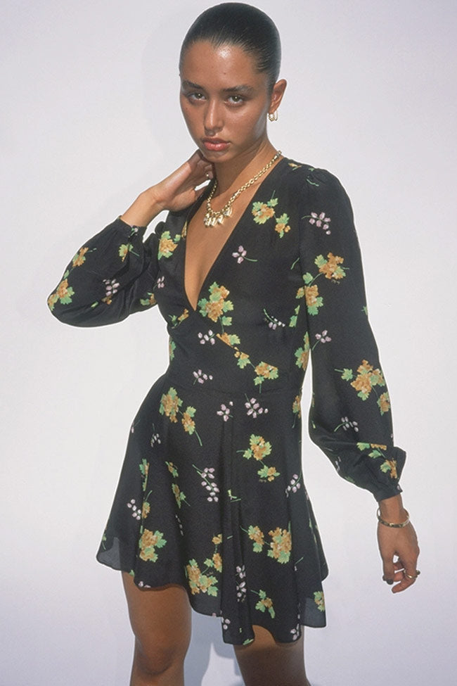 Long Sleeve V Neck Fit & Flare French Silk Floral Mini Dress - Black