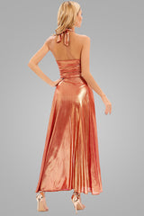 Metallic Halter Neck Buckle Trim Cutout Split Maxi Dress - Rose Gold