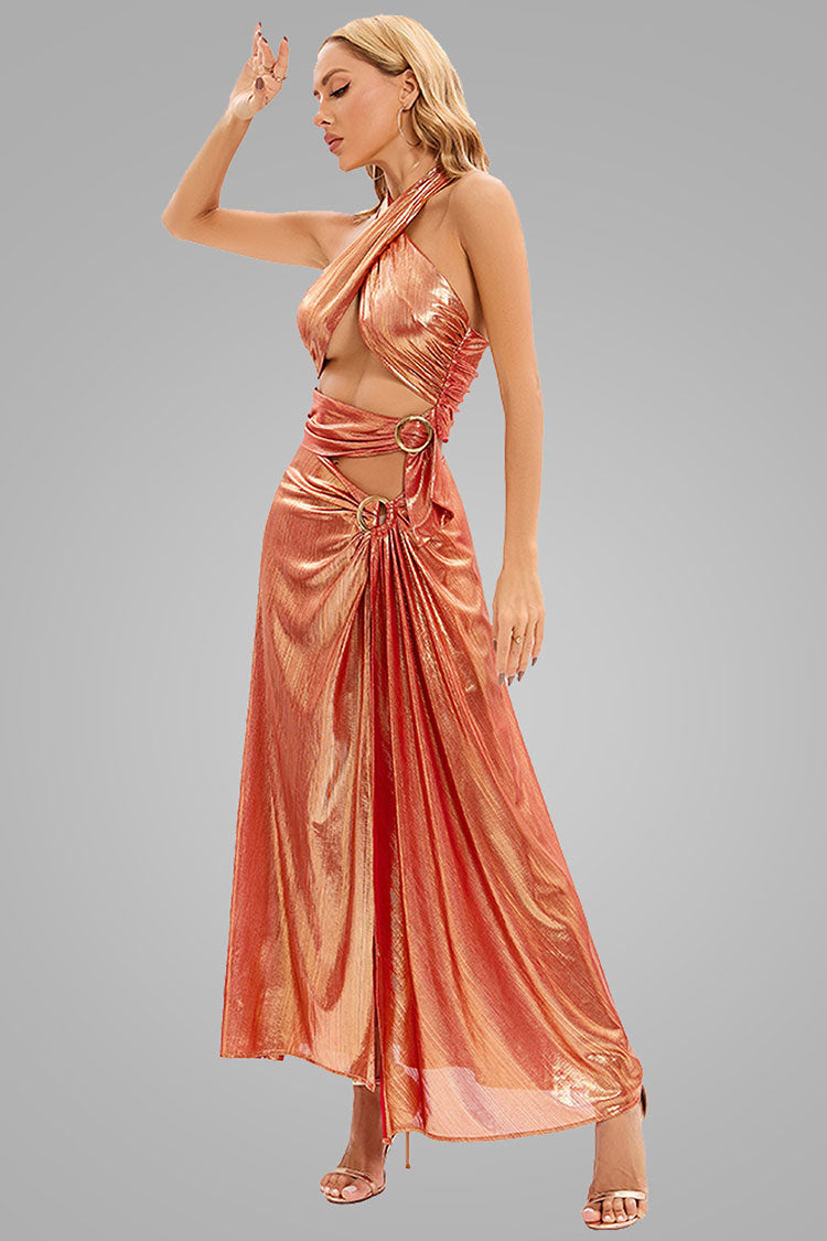 Metallic Halter Neck Buckle Trim Cutout Split Maxi Dress - Rose Gold