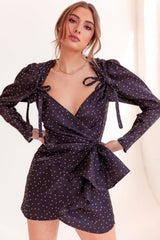 Polka Dot Puff Sleeve Tie Front Ruffle Ruched Mini Dress - Black