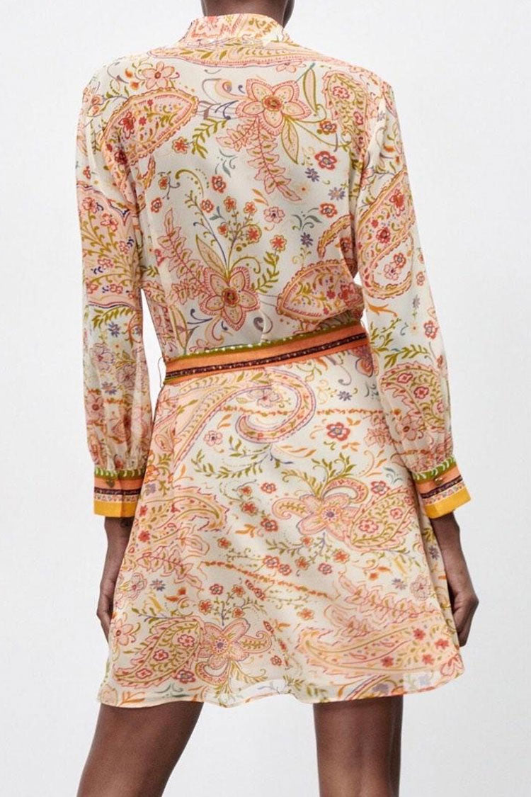 Prairie Collared V Neck Paisley Printed Chiffon Shirt Mini Dress - Floral