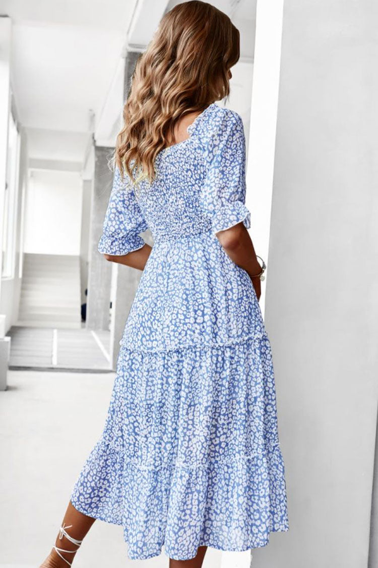 Prairie Off Shoulder Smocked Floral Printed Boho Chic Midi Dress - Blue