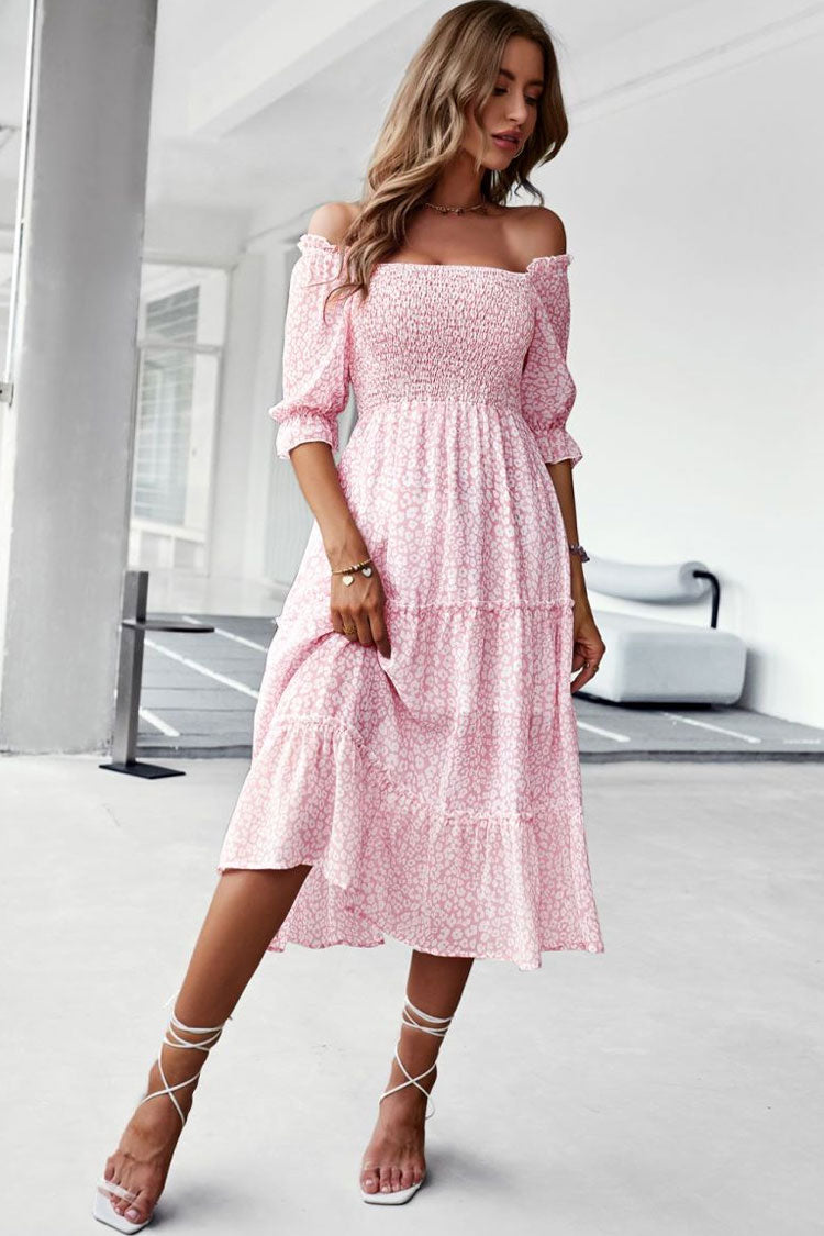 Prairie Off Shoulder Smocked Floral Printed Boho Chic Midi Dress - Pink