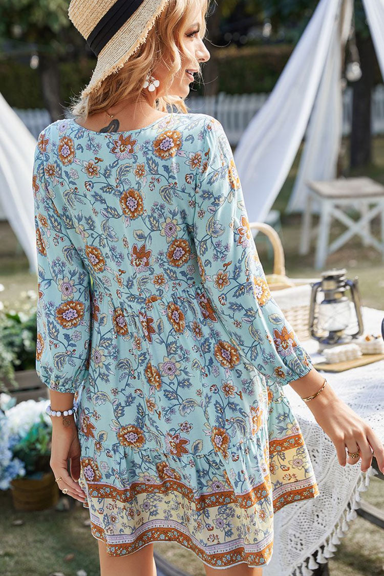 Prairie Tie Neck Half Button Floral Printed Boho Chic Mini Dress - Blue