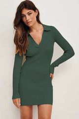 Preppy Collared V Neck Long Sleeve Ribbed Sweater Mini Dress - Green