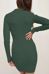 Preppy Collared V Neck Long Sleeve Ribbed Sweater Mini Dress - Green