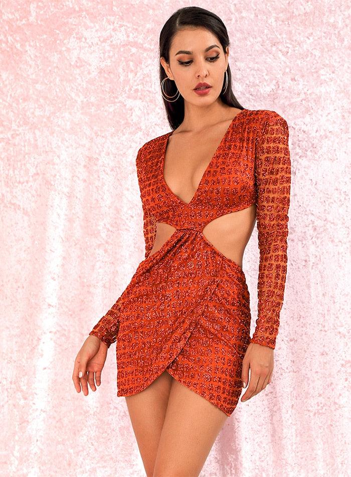 Orange Deep V-neck Open Cross Sequin Mini Dress