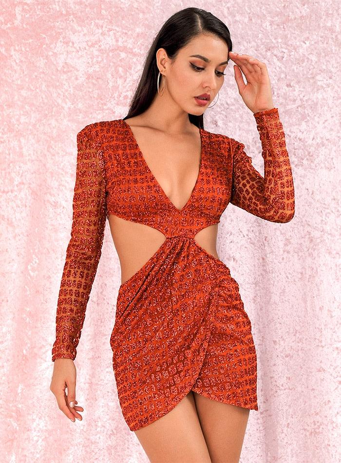 Orange Deep V-neck Open Cross Sequin Mini Dress