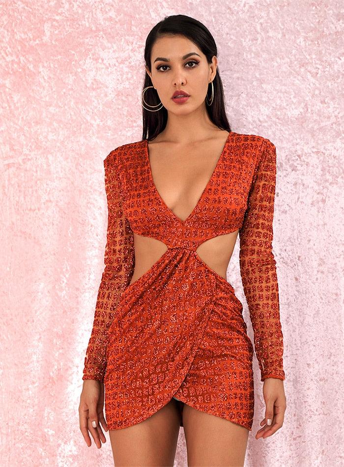 Orange Deep V-neck Open Cross Sequin Mini Dress