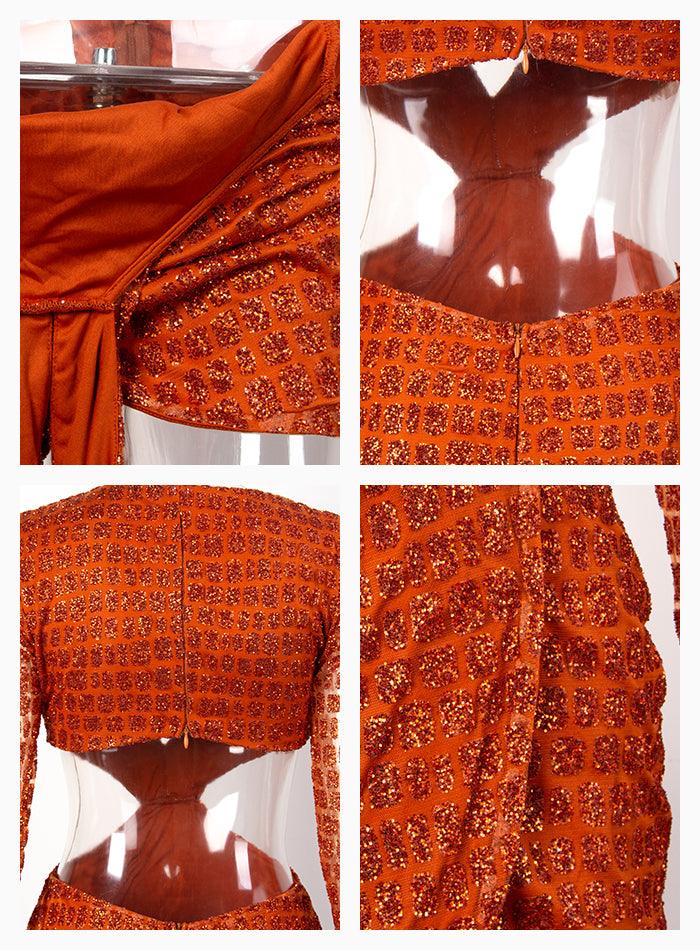 Orange Deep V-neck Open Cross Sequin Mini Dress