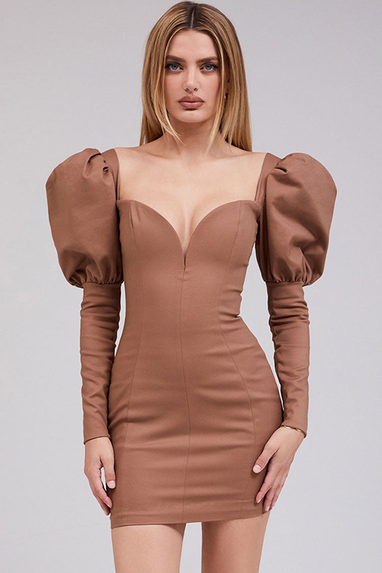 Puff Sleeve Deep V Bodycon Cocktail Party Mini Dress - Coffee