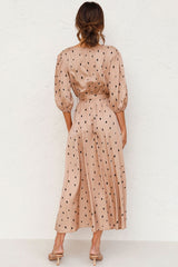 Puff Sleeve Dotted V Neck French Wrap Midi Dress - Khaki