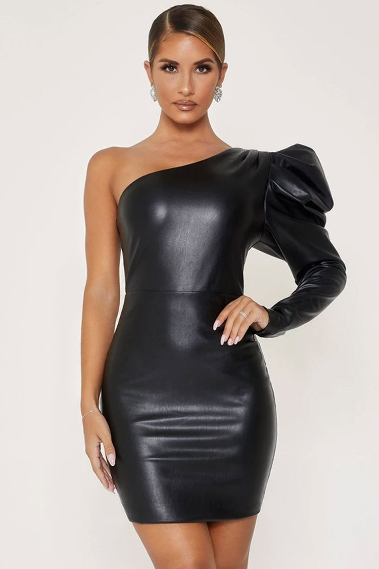 Puff Sleeve One Shoulder Bodycon Mini Leather Dress - Black