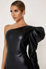 Puff Sleeve One Shoulder Bodycon Mini Leather Dress - Black