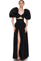 Puffl Sleeve Crop High Waist High Split Two Piece Maxi Dress - Black