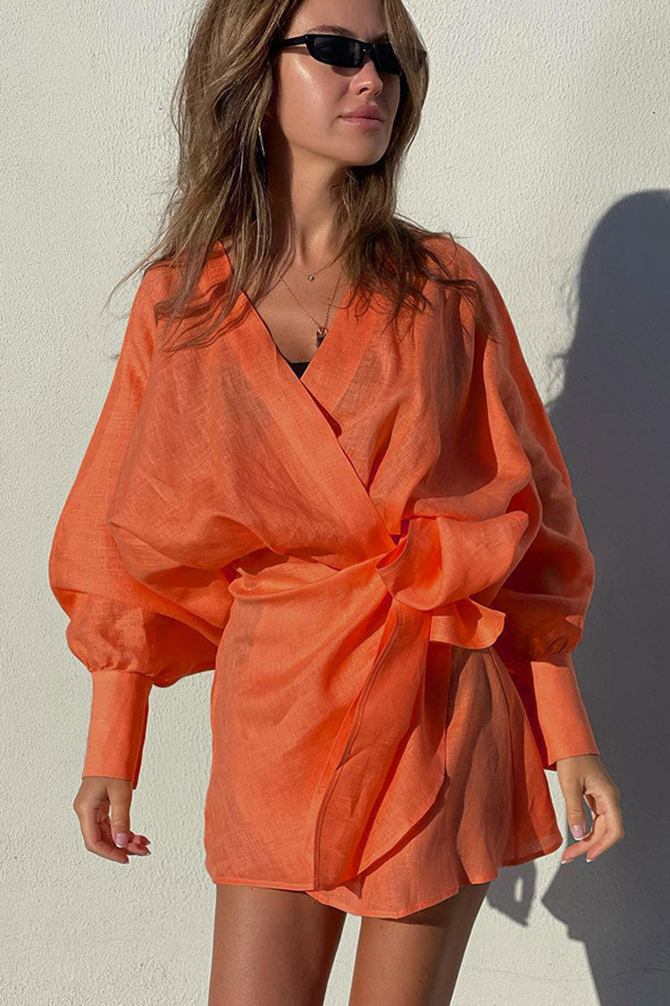 Relaxed Balloon Sleeve Bow Side Linen Wrap Mini Dress - Burnt Orange