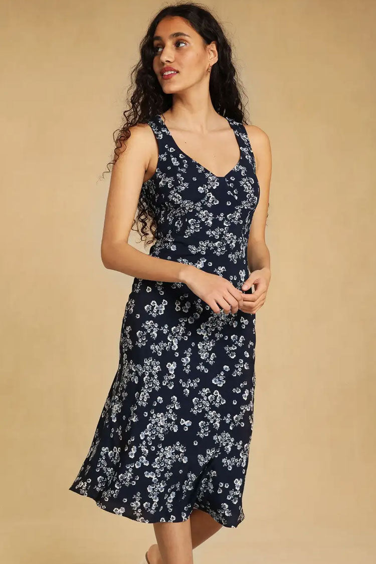 Retro Floral Print V Neck French Sleeveless Midi Sundress - Navy Blue