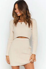 Ribbed Long Sleeve Winter Sweater Mini Two Piece Dress - Apricot