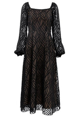 Romantic Square Neck Puff Sleeve Jacquard Chiffon Midi Dress - Black