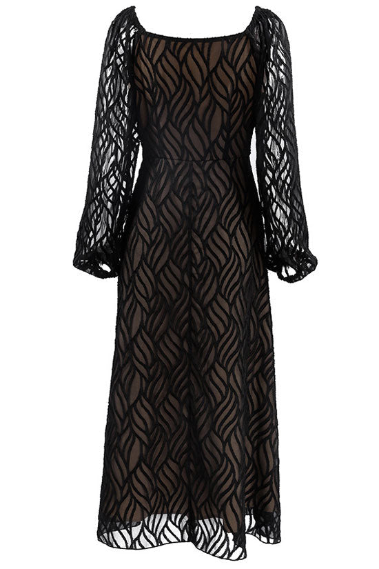 Romantic Square Neck Puff Sleeve Jacquard Chiffon Midi Dress - Black