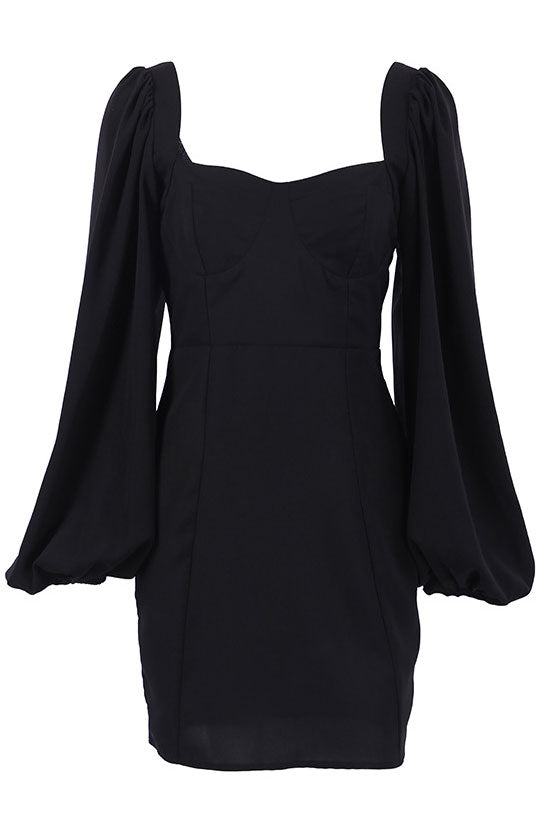 Romantic Sweetheart Neck Bishop Sleeve Bodycon Party Mini Dress - Black