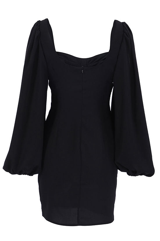 Romantic Sweetheart Neck Bishop Sleeve Bodycon Party Mini Dress - Black