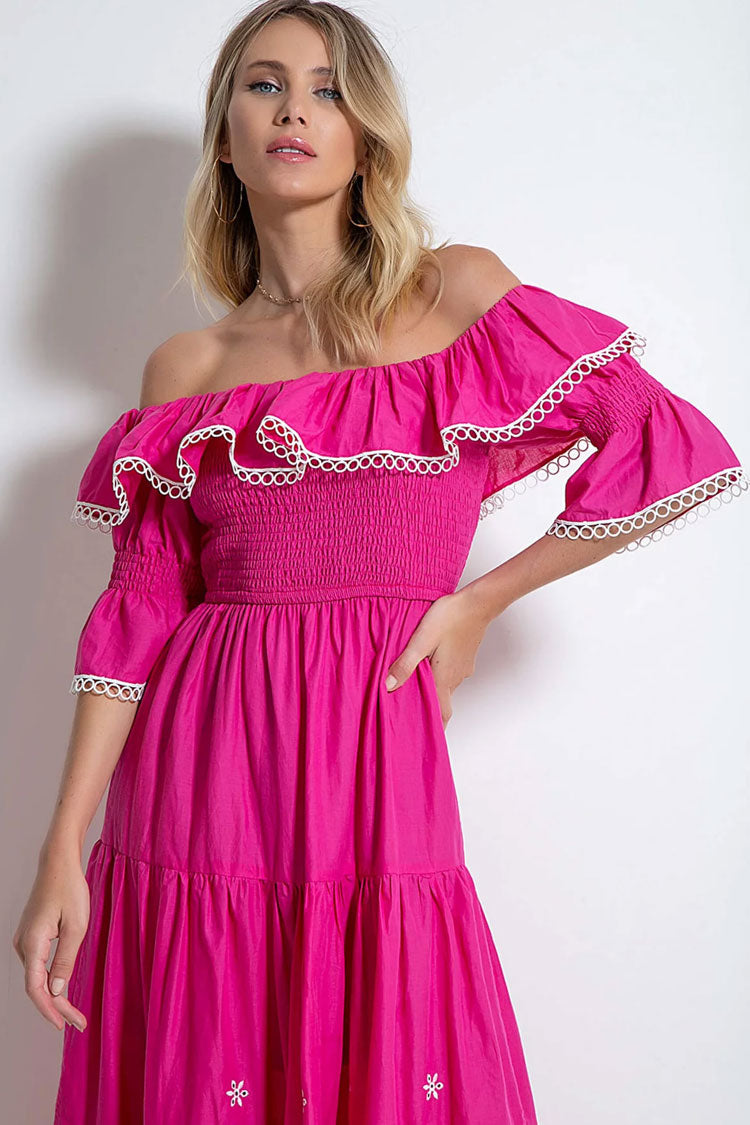 Ruffle Off The Shoulder Embroidered Floral Tiered Maxi Dress - Rose