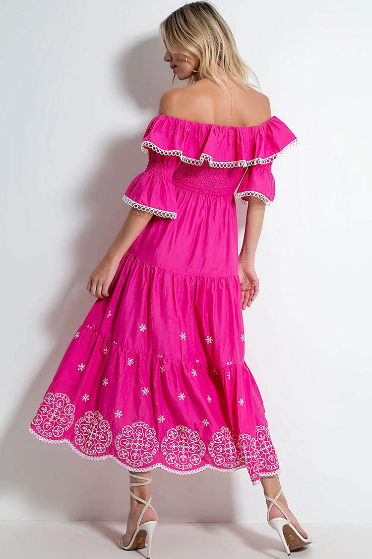 Ruffle Off The Shoulder Embroidered Floral Tiered Maxi Dress - Rose