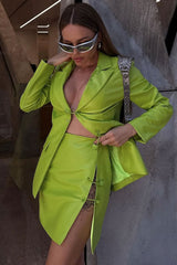 Safety Pin Split Front Leather Blazer Two Piece Mini Dress - Lime Green