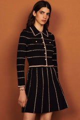 Scalloped Striped Cardigan Knit Skirt Two Piece Mini Dress - Black