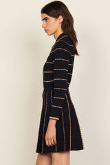 Scalloped Striped Cardigan Knit Skirt Two Piece Mini Dress - Black