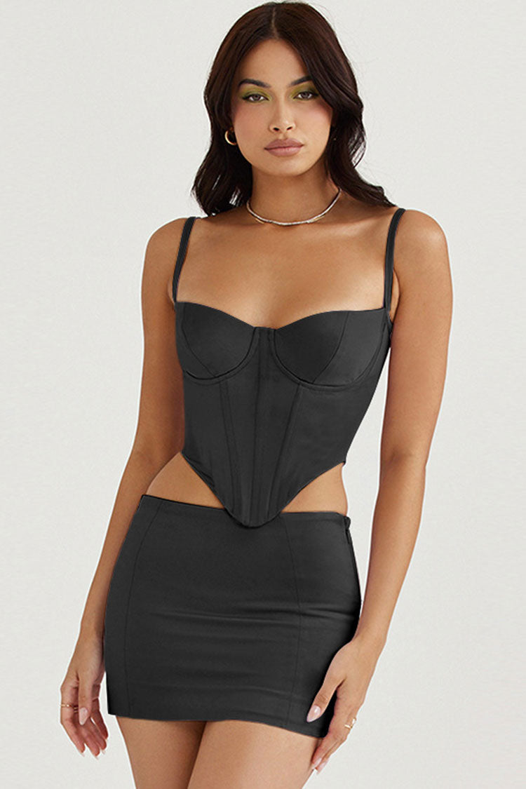 Crop Bustier Satin Top Low Waist Two Piece Mini Dress - Black