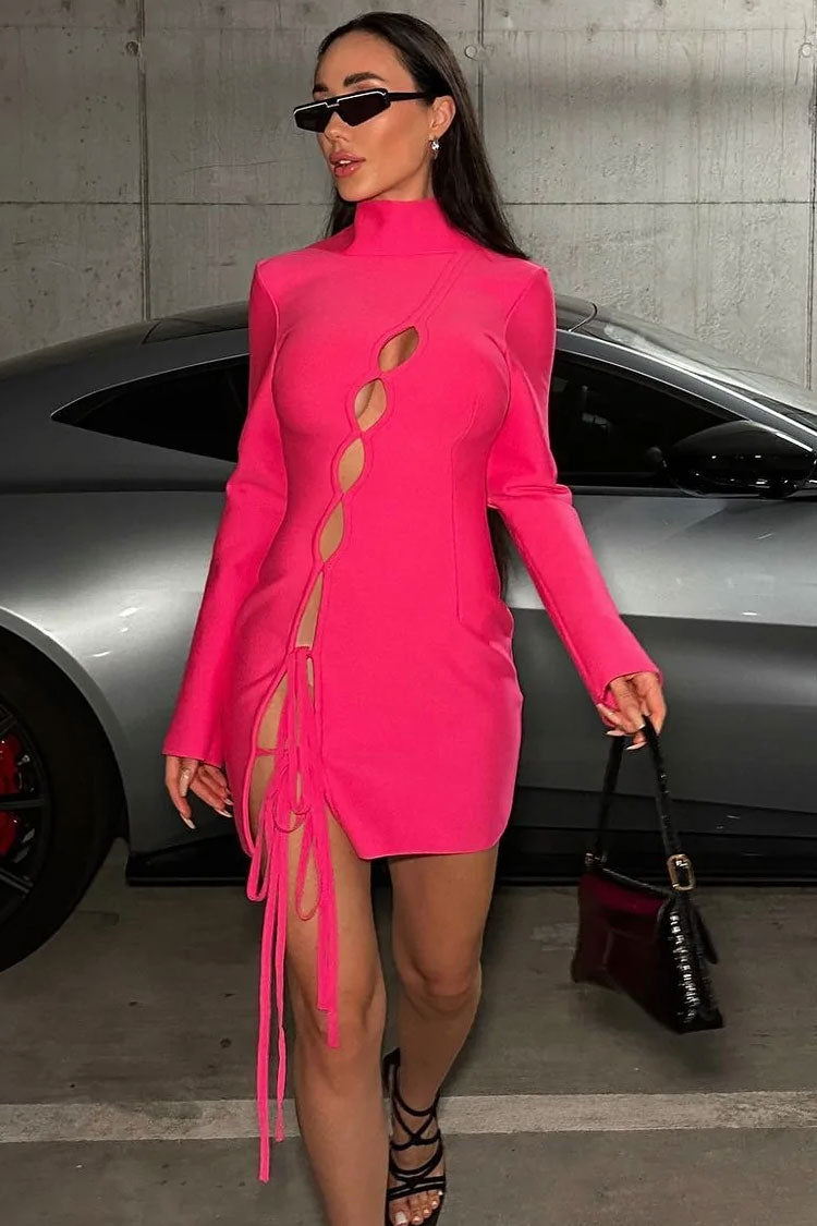 Cutout Bow Tie High Neck Long Sleeve Bandage Mini Dress - Hot Pink