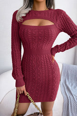 Cutout Fisherman Cable Knit Bodycon Sweater Mini Dress - Burgundy