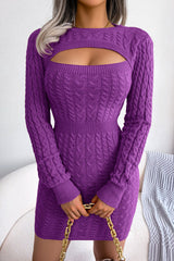 Cutout Fisherman Cable Knit Bodycon Sweater Mini Dress - Purple