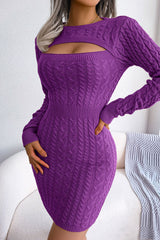 Cutout Fisherman Cable Knit Bodycon Sweater Mini Dress - Purple