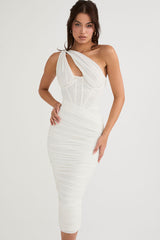 Cutout One Shoulder Ruched Bodycon Mesh Corset Midi Dress - White