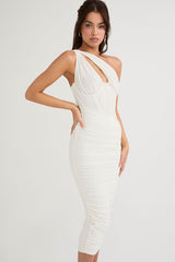 Cutout One Shoulder Ruched Bodycon Mesh Corset Midi Dress - White