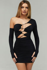 Cutout One Shoulder Ruched Party Mini Dress - Black