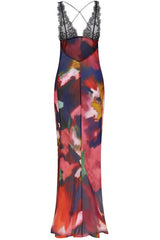 Deep V Printed Lace Chiffon Sheer Fishtail Slip Maxi Dress - Multicolor