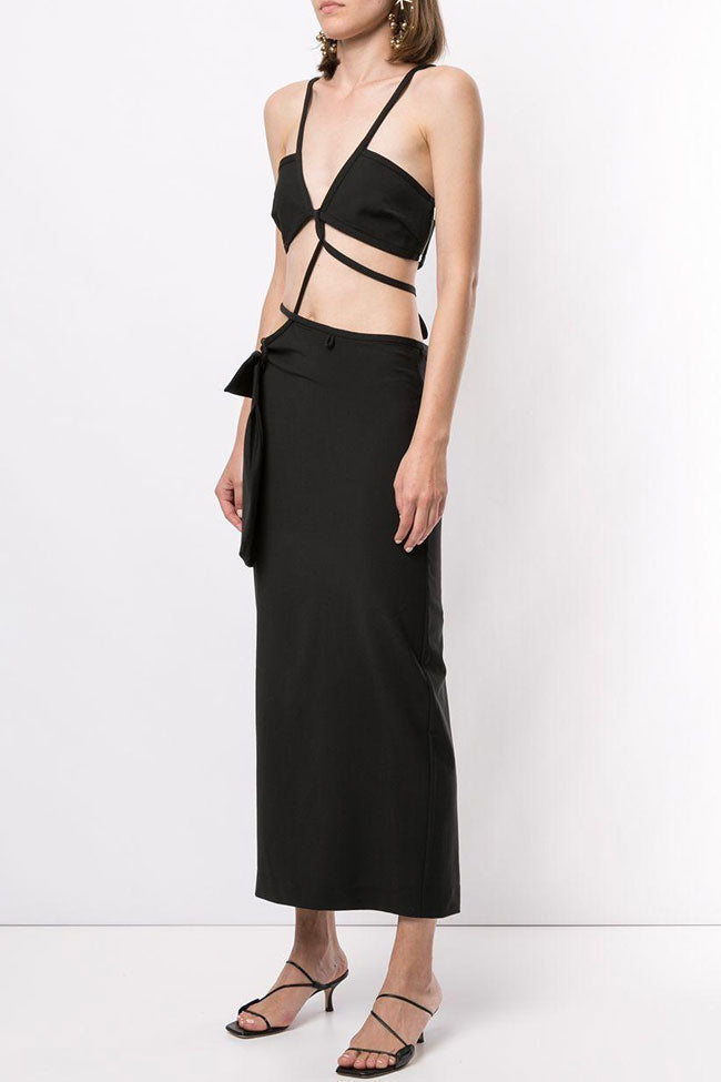 Deep V Spaghetti Strap Cutout Club Maxi Dress - Black