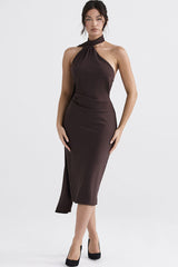 Draped Backless Wrap Halter Tie Satin Midi Dress - Chocolate