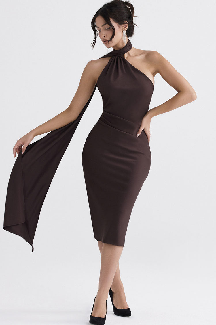 Draped Backless Wrap Halter Tie Satin Midi Dress - Chocolate