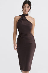 Draped Backless Wrap Halter Tie Satin Midi Dress - Chocolate