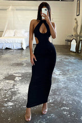 High Neck Cutout Sleeveless Bodycon Maxi Dress - Black